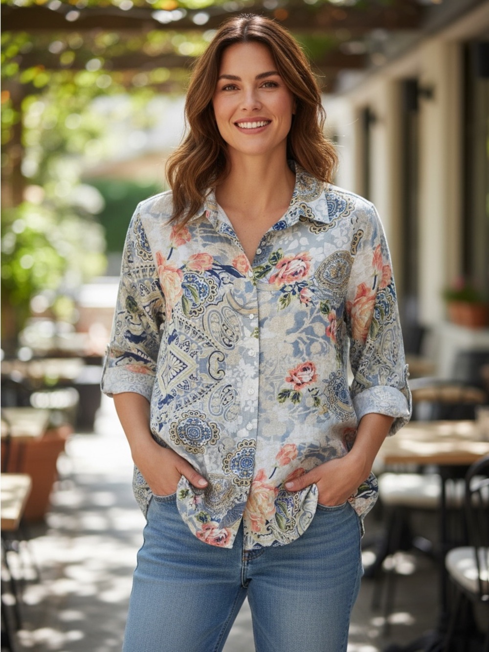 Chico's 100% Linen No Iron Blue Floral Paisley Button-Down Shirt